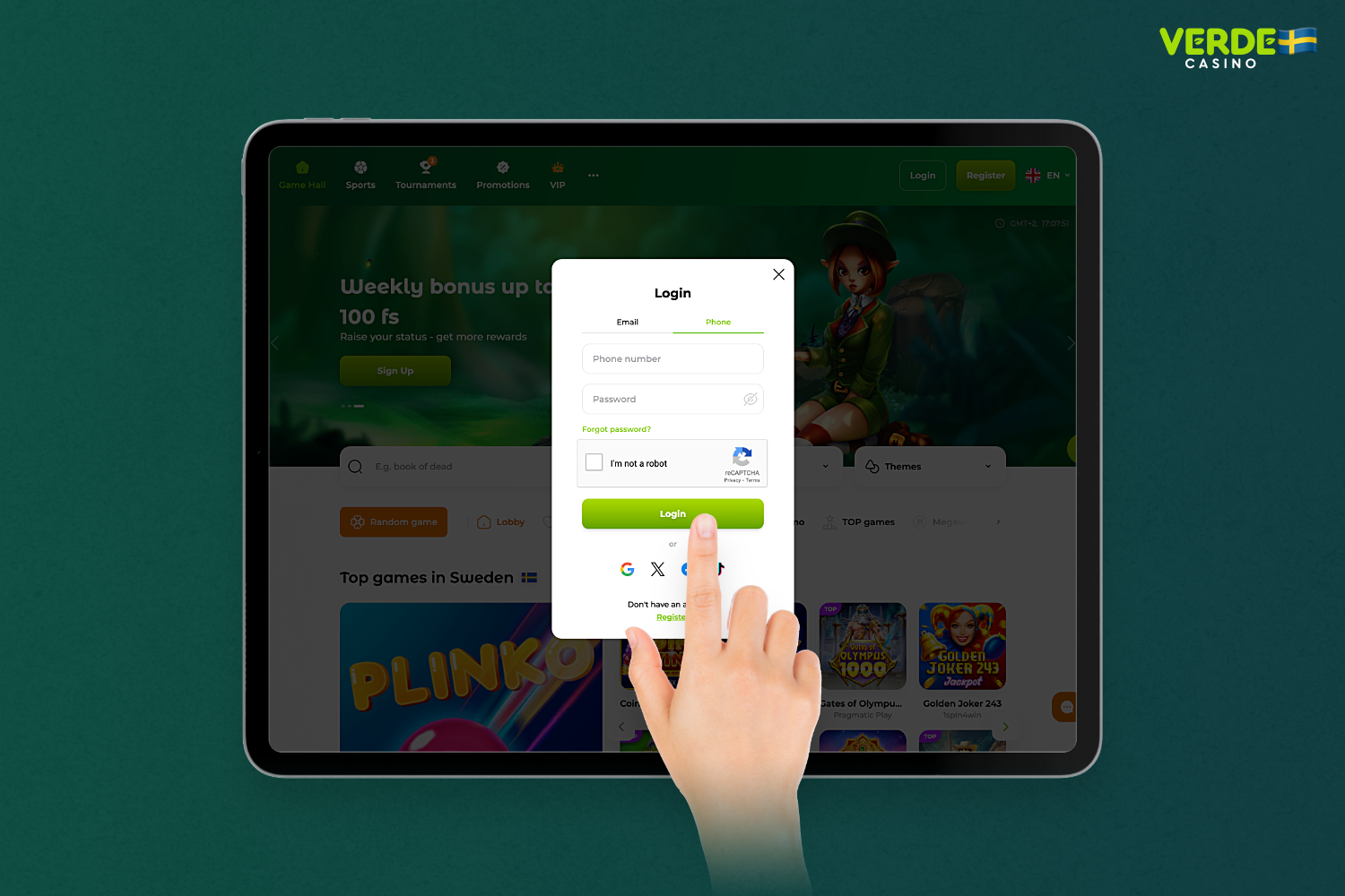 För att komma in i Verde Casino personliga skåp måste du använda de inloggningsuppgifter som du angav vid registreringen