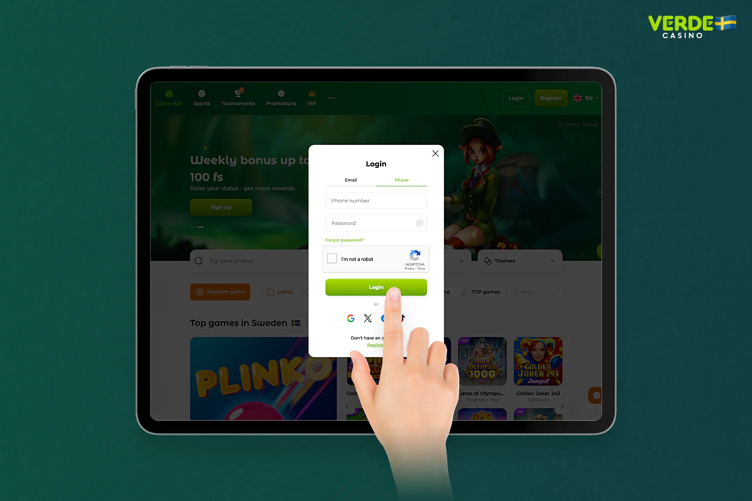 För att komma in i Verde Casino personliga skåp måste du använda de inloggningsuppgifter som du angav vid registreringen