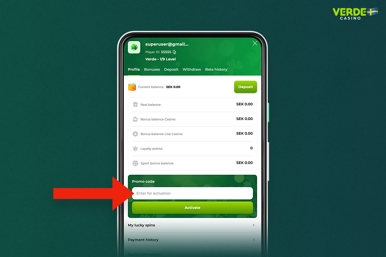 Du kan använda en kampanjkod i Verde Casino mobilapp antingen vid registreringsstadiet eller efteråt i ditt personliga skåp