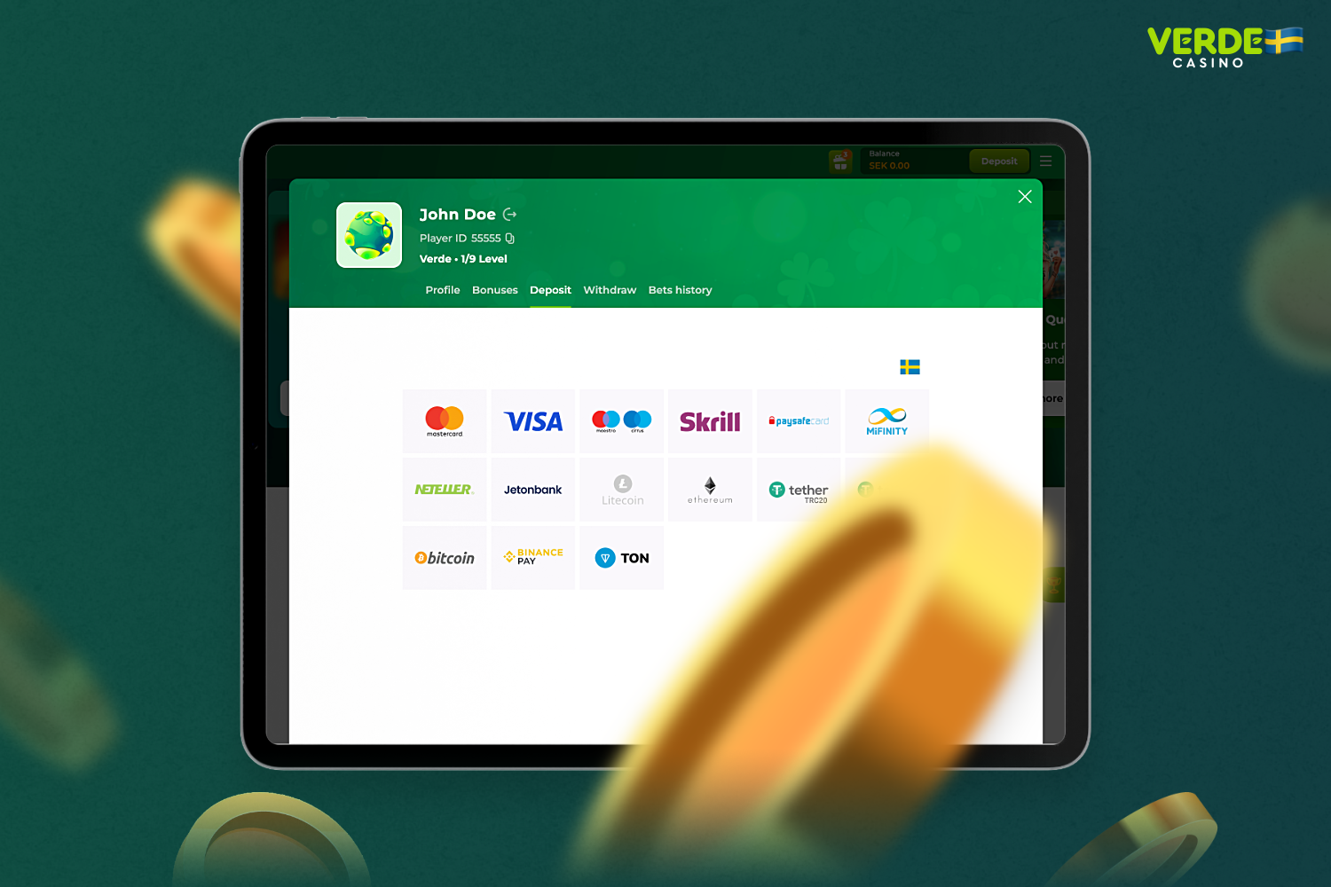 Det finns flera insättningsalternativ tillgängliga för användare från Sverige på Verde Casino