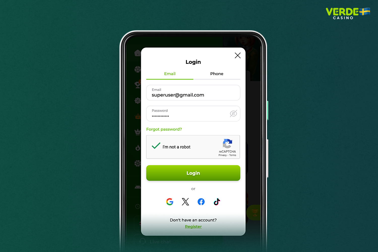 Du kan logga in på Verde Casino-appen med samma uppgifter som du angav vid registreringen