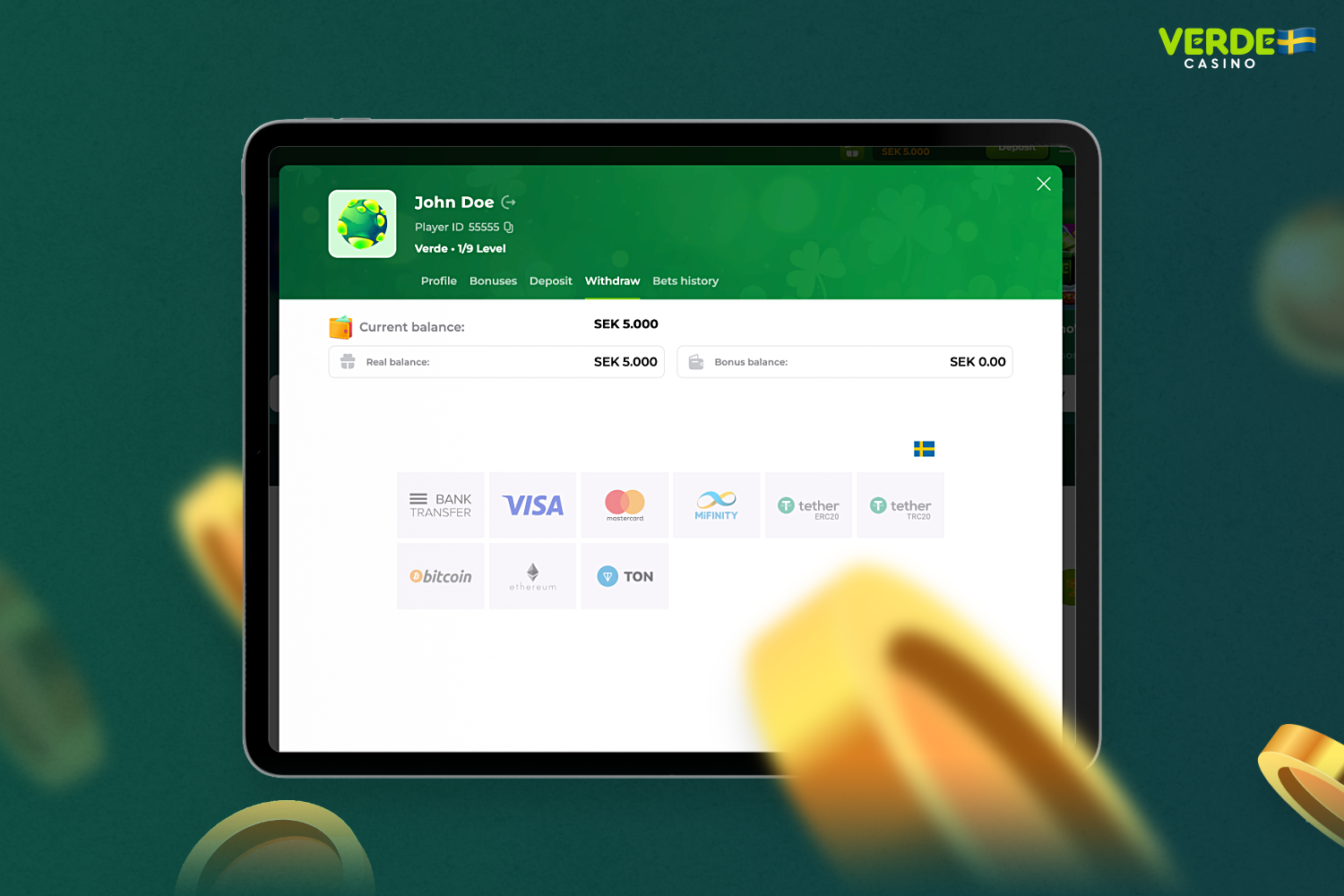 För att ta ut vinster från Verde Casino kan användare från Sverige använda en av de tillgängliga betalningsmetoderna