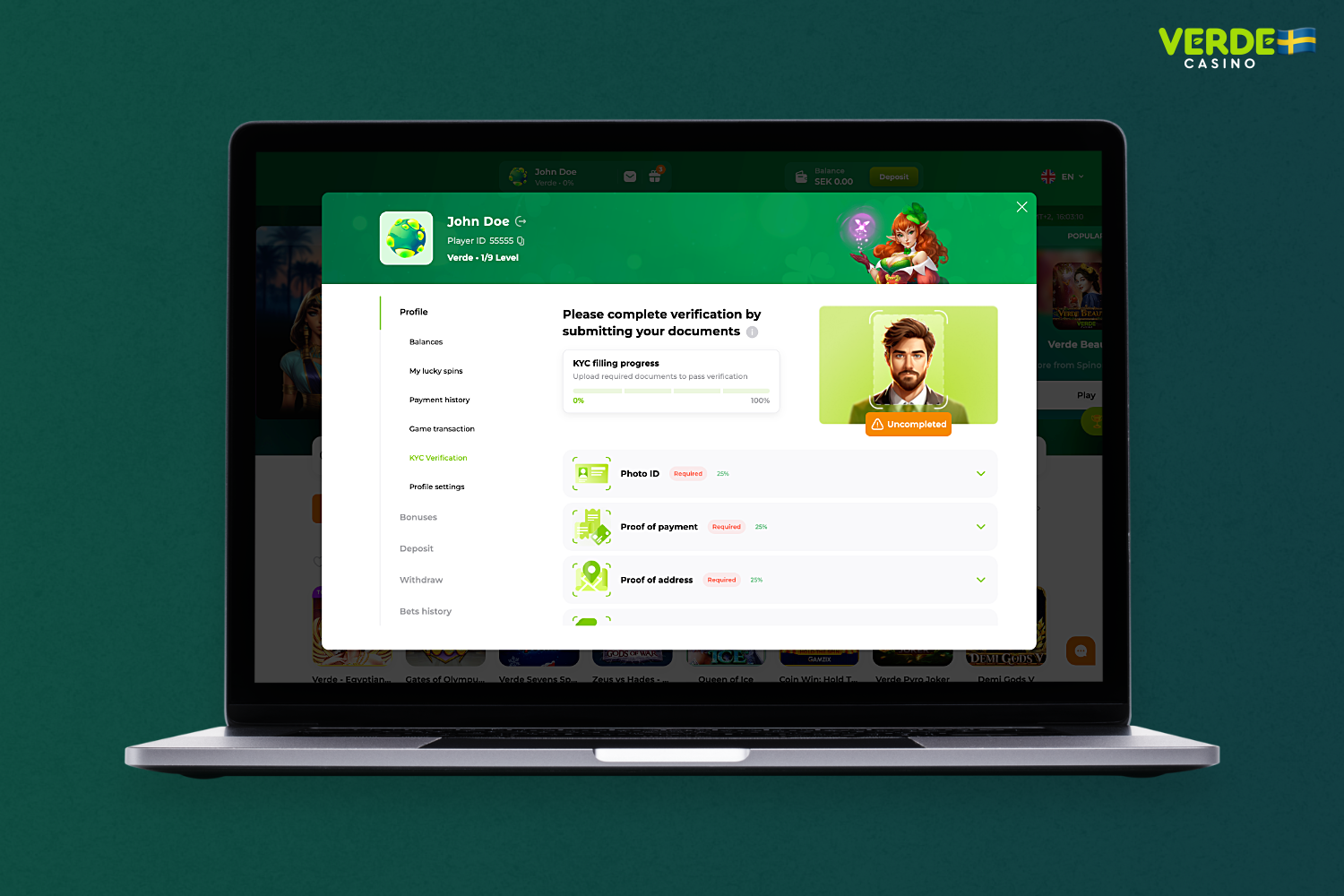 Verde Casino användarverifiering är ett av de obligatoriska villkoren för uttag av medel