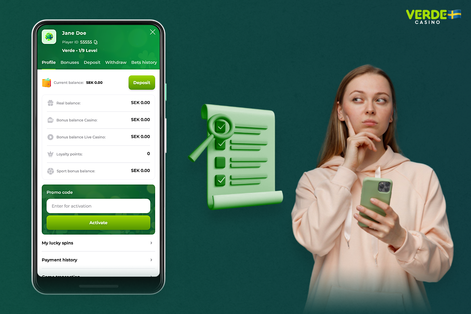 Verde Casino kräver inte verifiering alls för att göra en insättning på Verde Casino